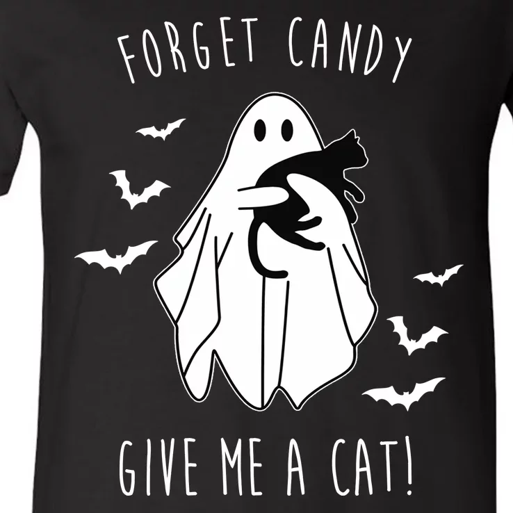 Funny Ghost Forget Candy Give Me A Cat Halloween V-Neck T-Shirt