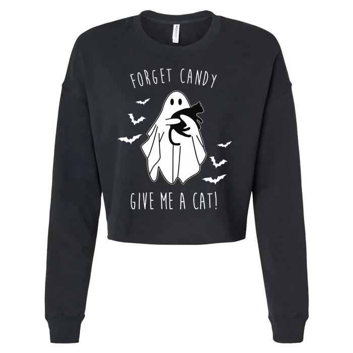 Funny Ghost Forget Candy Give Me A Cat Halloween Cropped Pullover Crew