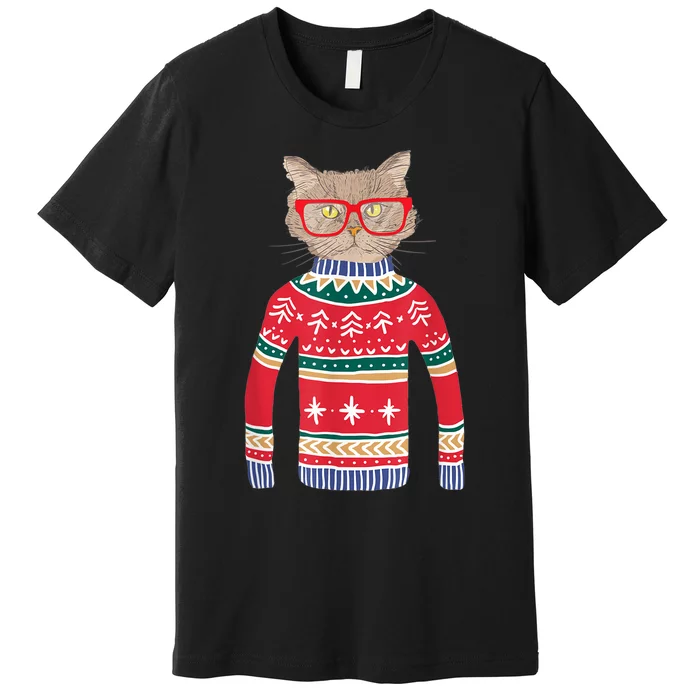 Funny Gift For Cat Lovers Ugly Christmas Sweater Premium T-Shirt