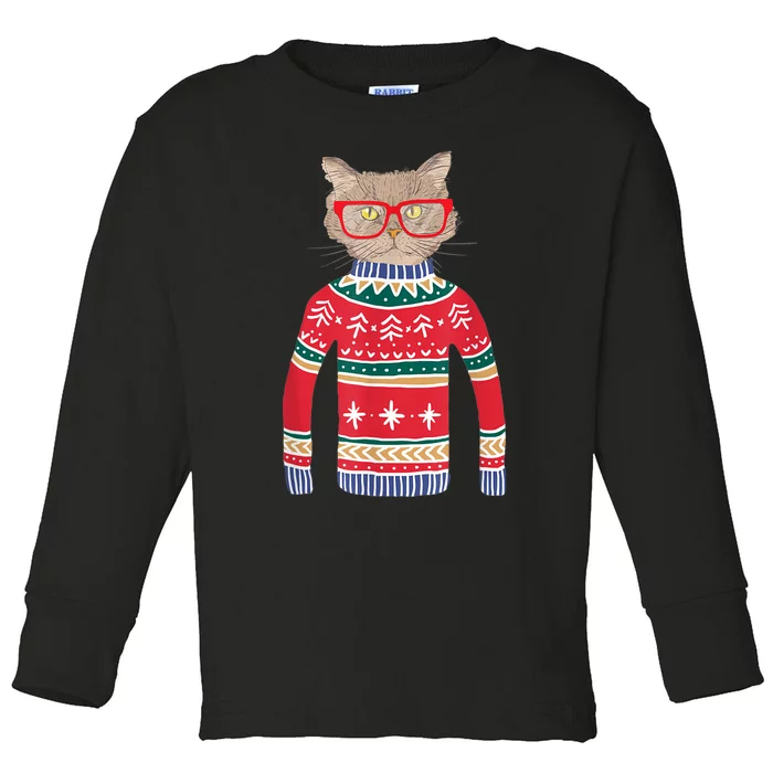 Funny Gift For Cat Lovers Ugly Christmas Sweater Toddler Long Sleeve Shirt