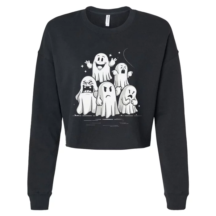 Funny Ghost Facial Expressions Spooky Halloween Cropped Pullover Crew