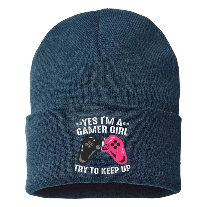 Funny Gamer Girl Slogans Cute Gamer Controller Video Games Lover Sustainable Knit Beanie