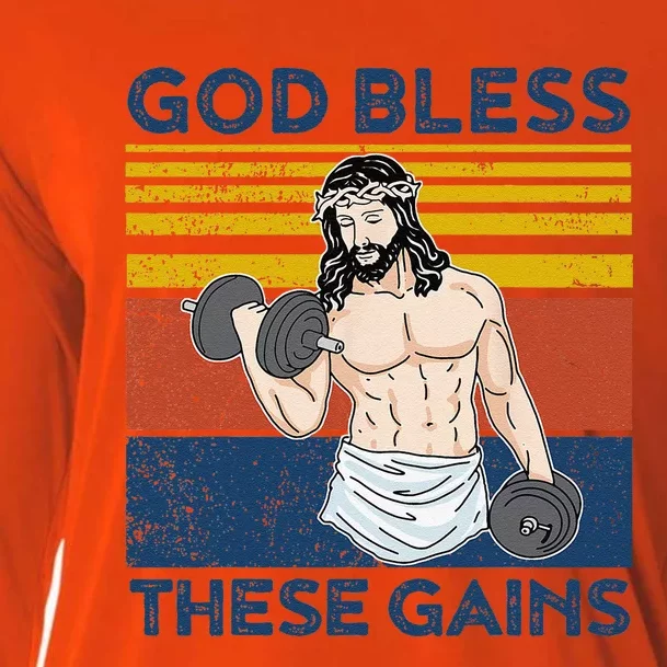 Funny Gym God Bless These Gains Fitness Workout Jesus Cooling Performance Long Sleeve Crew