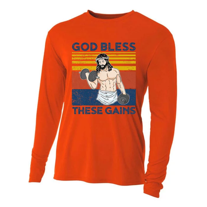 Funny Gym God Bless These Gains Fitness Workout Jesus Cooling Performance Long Sleeve Crew