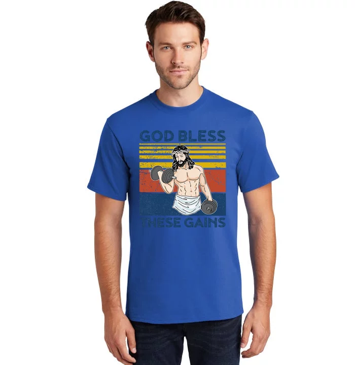 Funny Gym God Bless These Gains Fitness Workout Jesus Tall T-Shirt