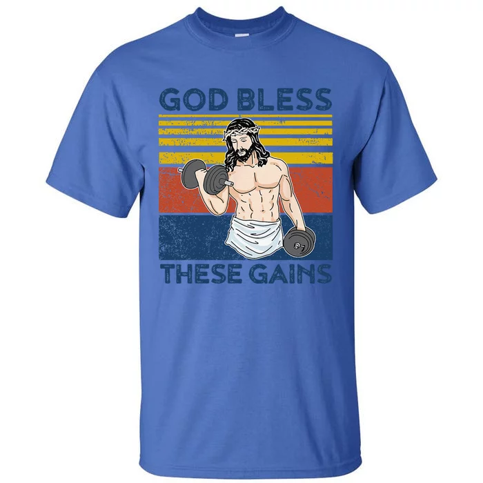 Funny Gym God Bless These Gains Fitness Workout Jesus Tall T-Shirt