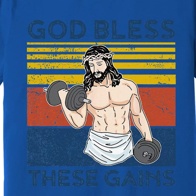 Funny Gym God Bless These Gains Fitness Workout Jesus Premium T-Shirt