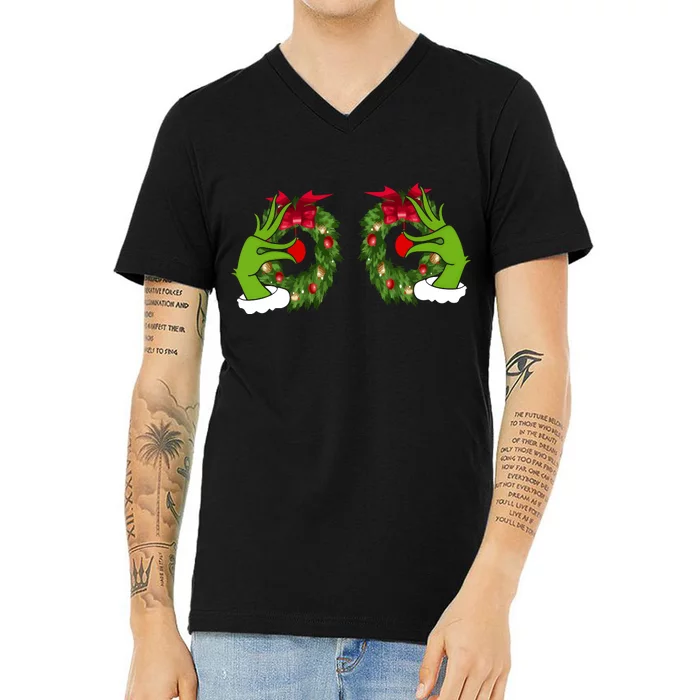 Funny Grinch Hands Is On The Breast Christmas V-Neck T-Shirt