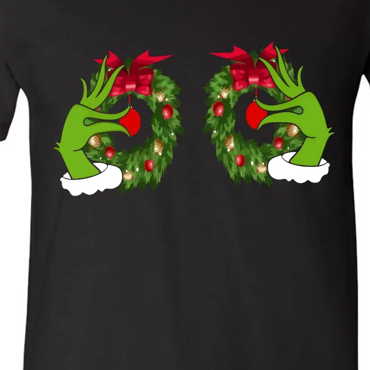 Funny Grinch Hands Is On The Breast Christmas V-Neck T-Shirt