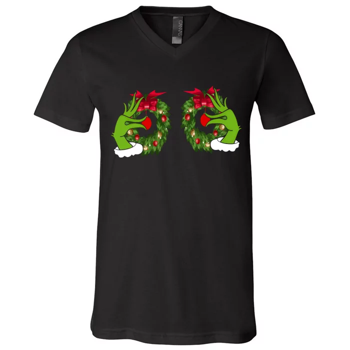 Funny Grinch Hands Is On The Breast Christmas V-Neck T-Shirt