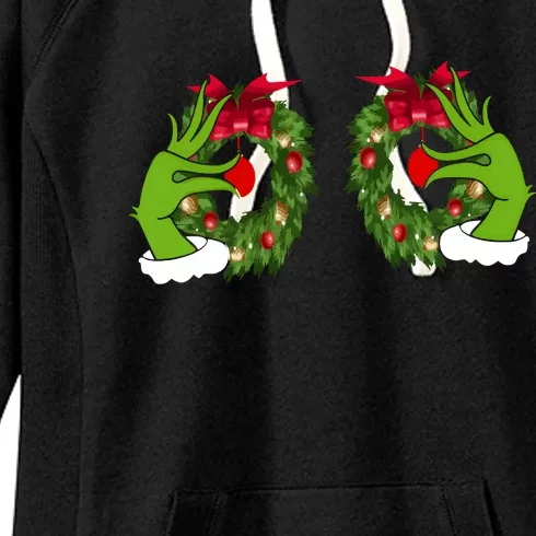 Funny Grinch Hands Is On The Breast Christmas Women's Fleece Hoodie