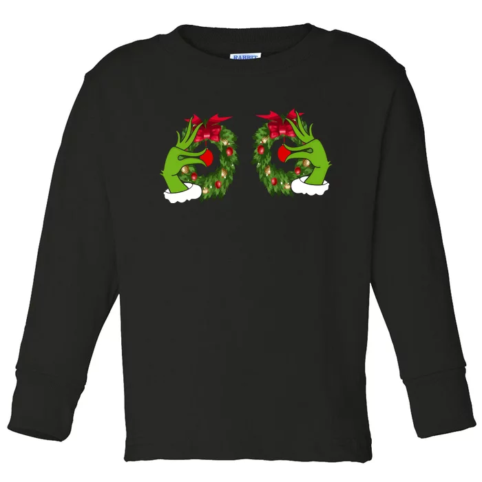 Funny Grinch Hands Is On The Breast Christmas Toddler Long Sleeve Shirt