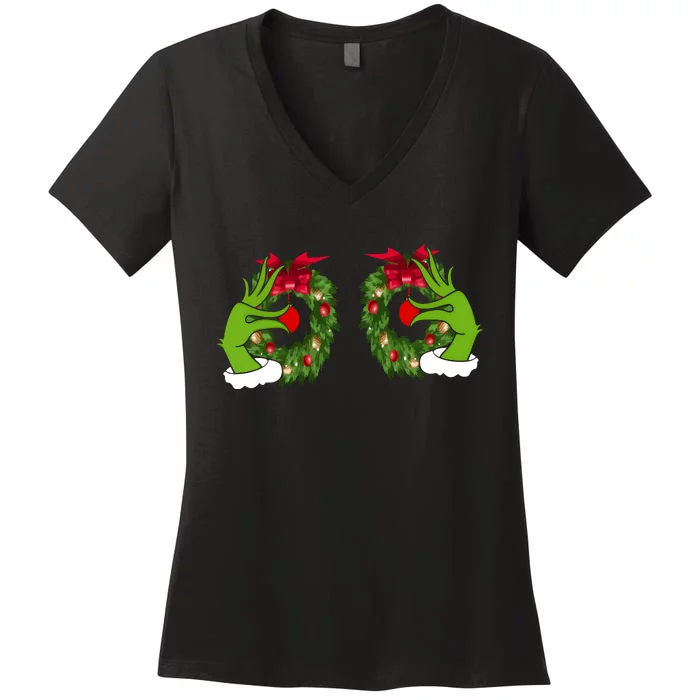 Funny Grinch Hands Is On The Breast Christmas Women's V-Neck T-Shirt