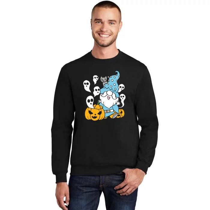 Funny Gnomes Halloween With Pumpkin Ghost Leopard Design Long Sleeve Tall Sweatshirt