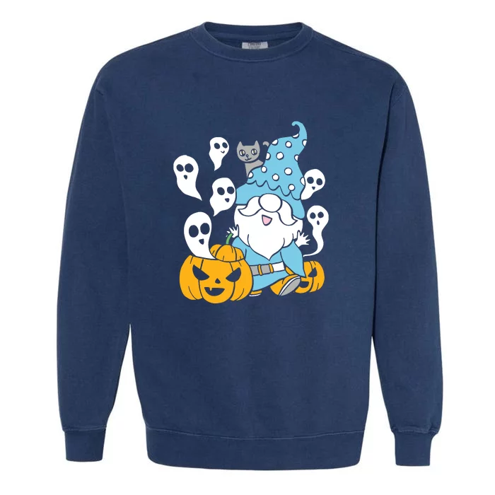 Funny Gnomes Halloween With Pumpkin Ghost Leopard Design Long Sleeve Garment-Dyed Sweatshirt