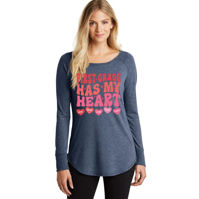 First Grade Has My Heart Groovy Valentines Day Teacher Women's Perfect Tri Tunic Long Sleeve Shirt