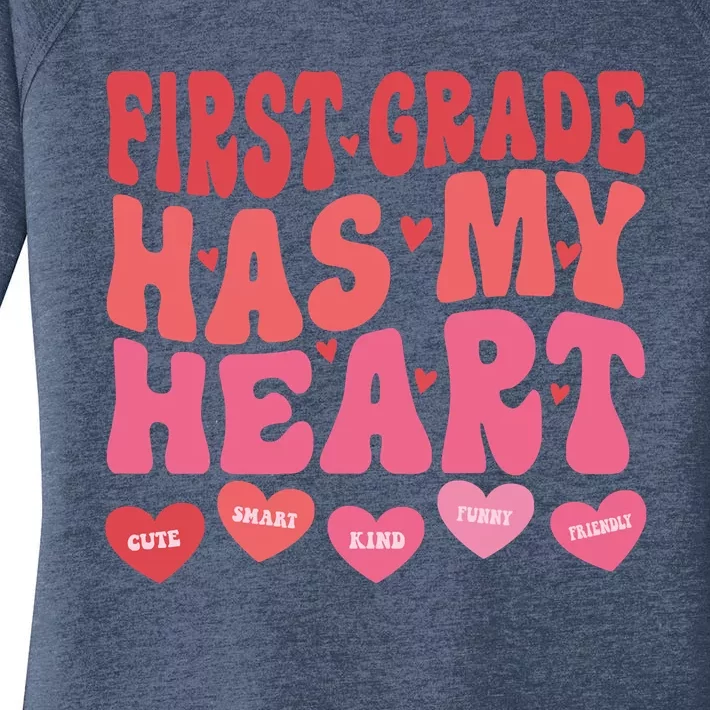 First Grade Has My Heart Groovy Valentines Day Teacher Women's Perfect Tri Tunic Long Sleeve Shirt