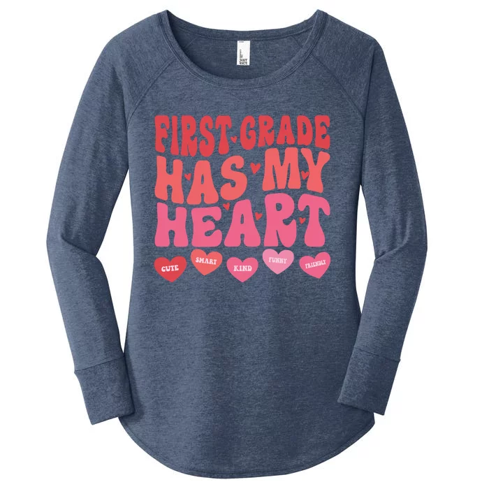 First Grade Has My Heart Groovy Valentines Day Teacher Women's Perfect Tri Tunic Long Sleeve Shirt