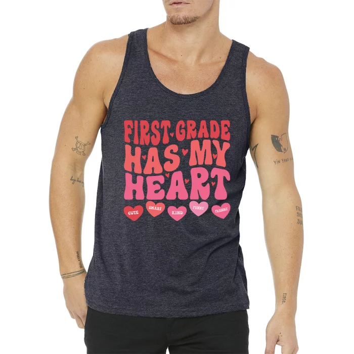 First Grade Has My Heart Groovy Valentines Day Teacher Tank Top