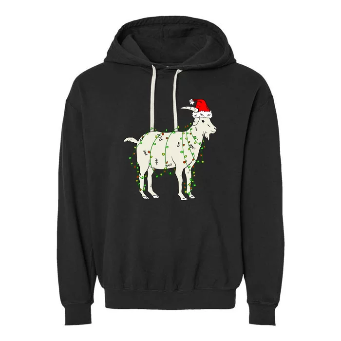 Funny Goat In Tangled Christmas Lights Santa Claus Hat Garment-Dyed Fleece Hoodie