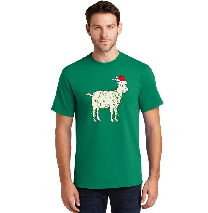 Funny Goat In Tangled Christmas Lights Santa Claus Hat Tall T-Shirt