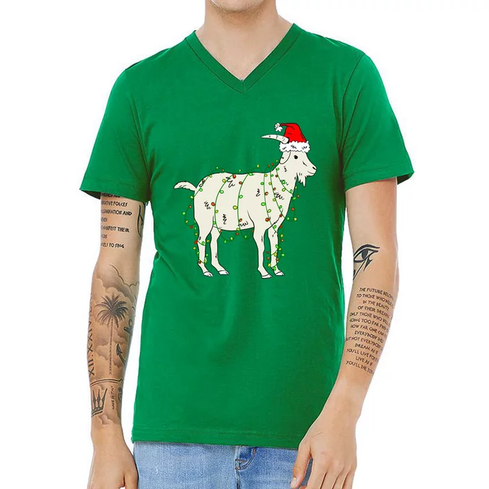 Funny Goat In Tangled Christmas Lights Santa Claus Hat V-Neck T-Shirt