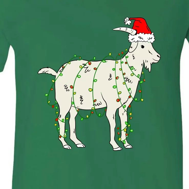 Funny Goat In Tangled Christmas Lights Santa Claus Hat V-Neck T-Shirt