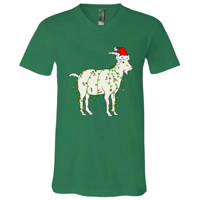 Funny Goat In Tangled Christmas Lights Santa Claus Hat V-Neck T-Shirt