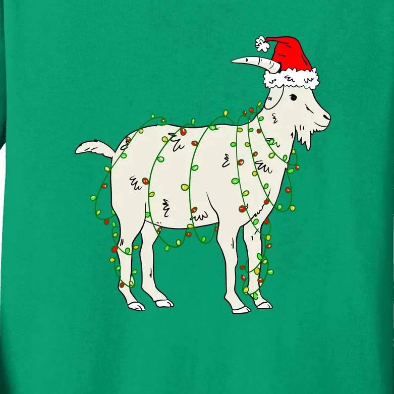 Funny Goat In Tangled Christmas Lights Santa Claus Hat Kids Long Sleeve Shirt