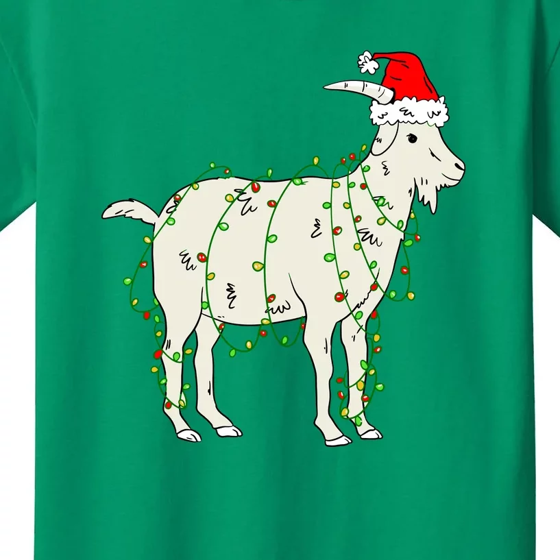 Funny Goat In Tangled Christmas Lights Santa Claus Hat Kids T-Shirt