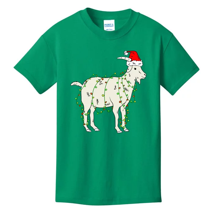 Funny Goat In Tangled Christmas Lights Santa Claus Hat Kids T-Shirt