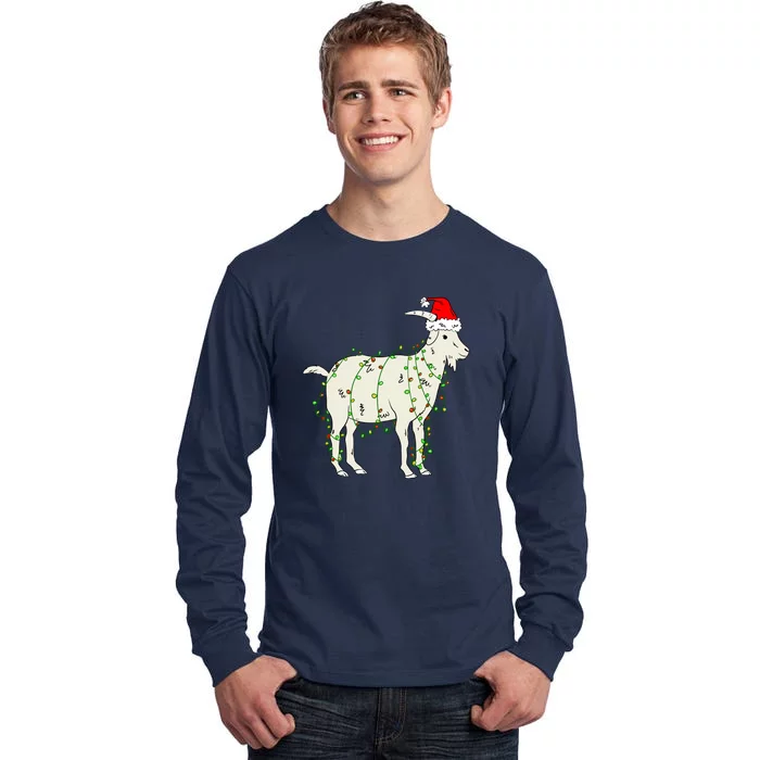 Funny Goat In Tangled Christmas Lights Santa Claus Hat Tall Long Sleeve T-Shirt