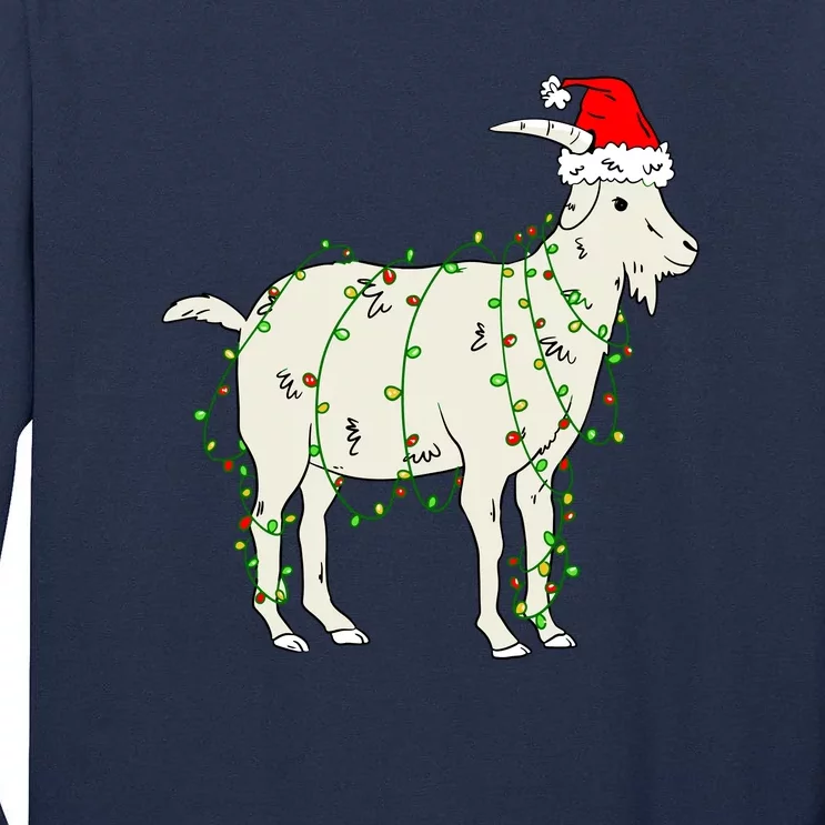 Funny Goat In Tangled Christmas Lights Santa Claus Hat Tall Long Sleeve T-Shirt