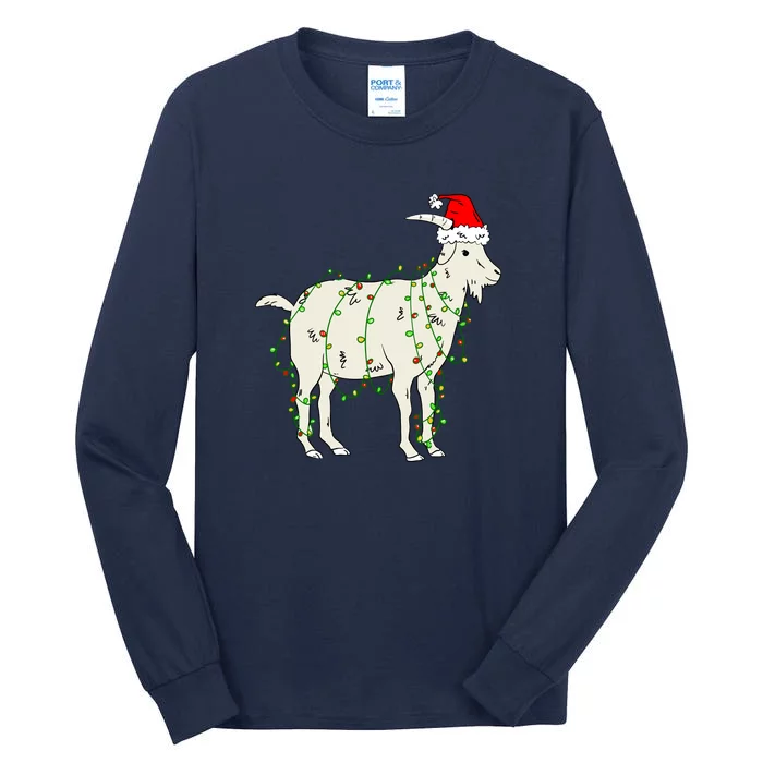 Funny Goat In Tangled Christmas Lights Santa Claus Hat Tall Long Sleeve T-Shirt