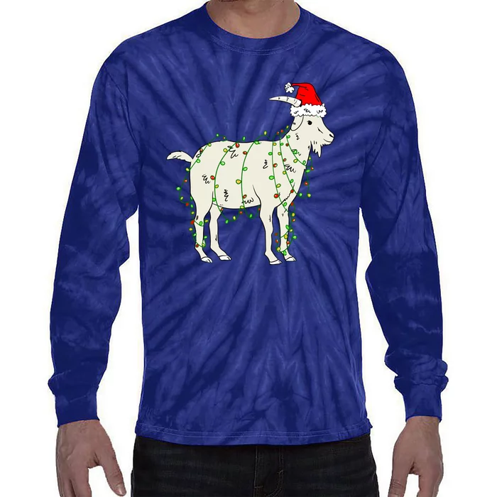 Funny Goat In Tangled Christmas Lights Santa Claus Hat Tie-Dye Long Sleeve Shirt