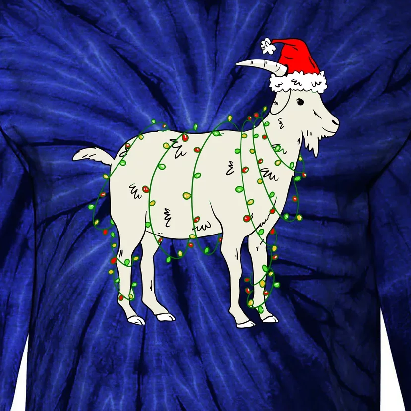 Funny Goat In Tangled Christmas Lights Santa Claus Hat Tie-Dye Long Sleeve Shirt