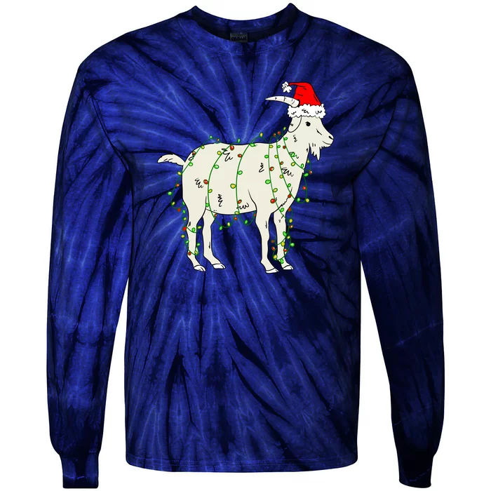 Funny Goat In Tangled Christmas Lights Santa Claus Hat Tie-Dye Long Sleeve Shirt