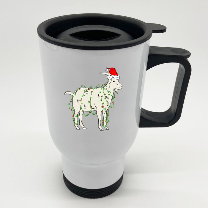 Funny Goat In Tangled Christmas Lights Santa Claus Hat Front & Back Stainless Steel Travel Mug