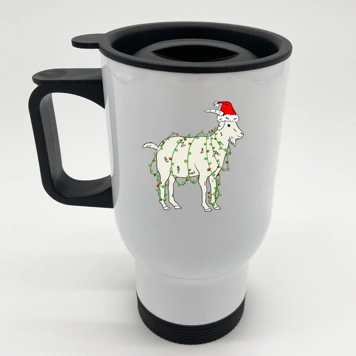 Funny Goat In Tangled Christmas Lights Santa Claus Hat Front & Back Stainless Steel Travel Mug