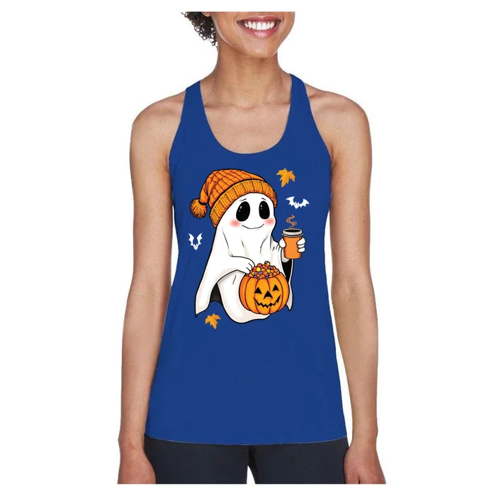 Funny Ghost Ing Coffee Trick Or Treat Pumpkin Bucket Cute Gift Women's Racerback Tank