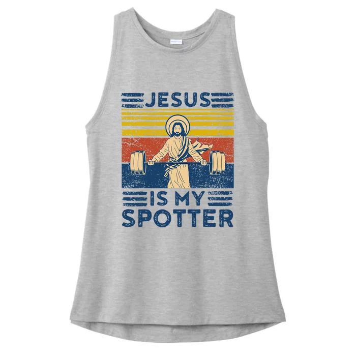 Funny Gym Jesus Is My Spotter Funny Workout Jesus Ladies Tri-Blend Wicking Tank