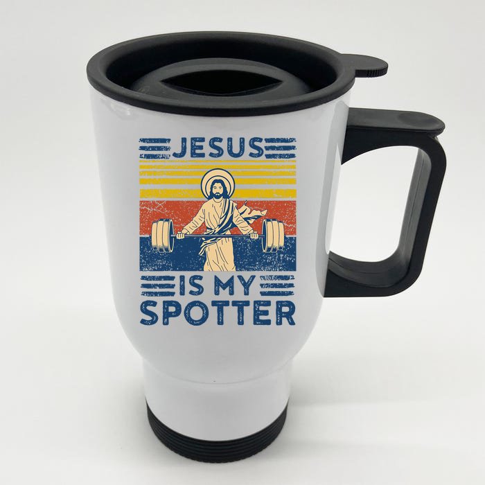 Funny Gym Jesus Is My Spotter Funny Workout Jesus Front & Back Stainless Steel Travel Mug