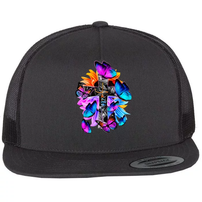 FaithHopeLove God Jesus Christ Cross Butterflies Floral Flat Bill Trucker Hat