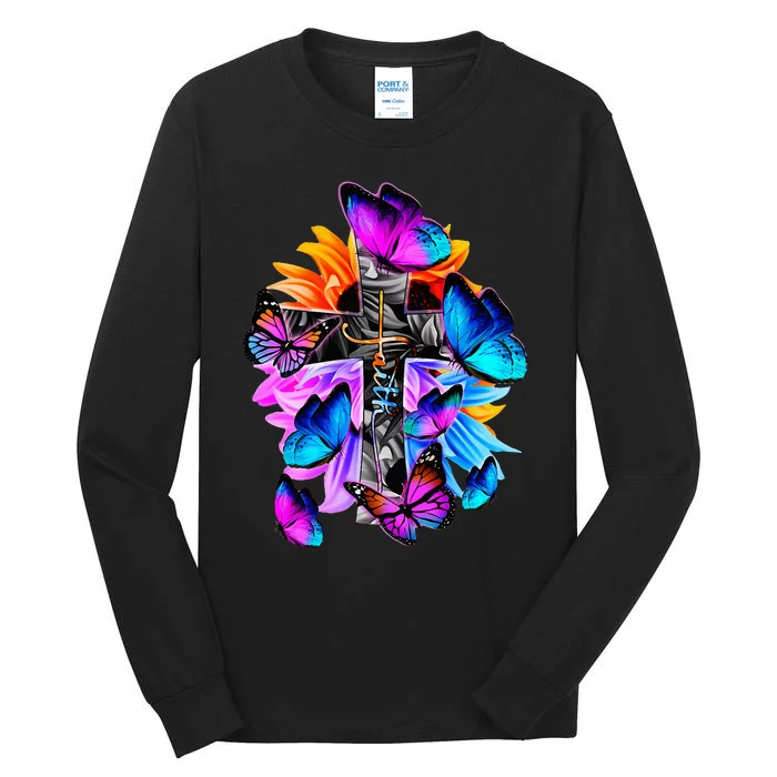 FaithHopeLove God Jesus Christ Cross Butterflies Floral Tall Long Sleeve T-Shirt