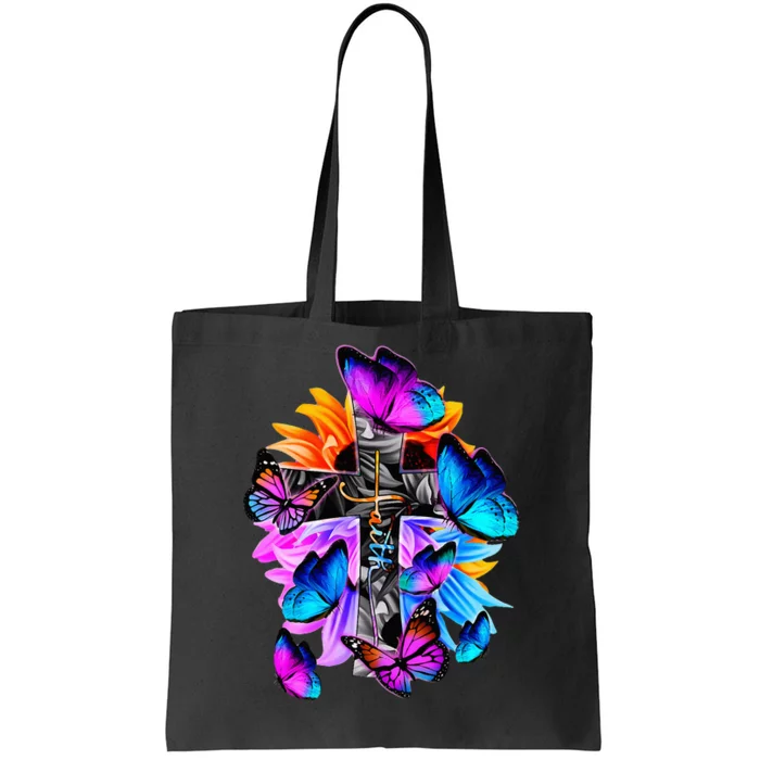 FaithHopeLove God Jesus Christ Cross Butterflies Floral Tote Bag