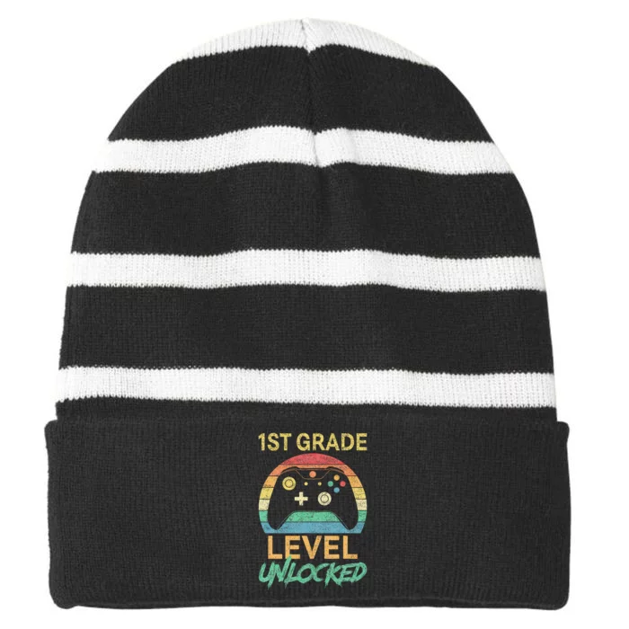 First Grade Level Unlocked Gamer 1st Day Of School Striped Beanie with Solid Band