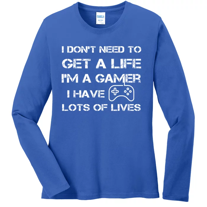 Funny Gamer Life Pun Get A Life Level Up Games Lives Gift Ladies Long Sleeve Shirt