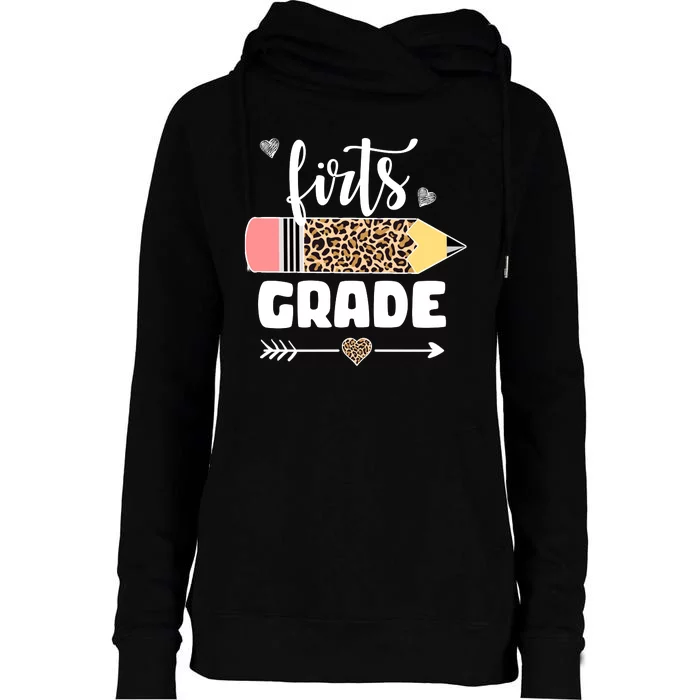 First Grade Leopard Pencil 1st Grader Students Teachers Womens Funnel Neck Pullover Hood