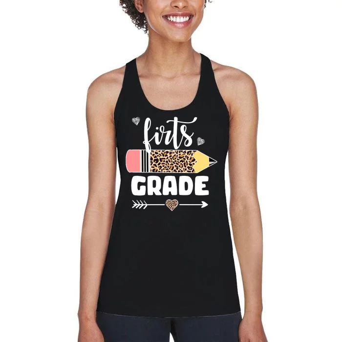 First Grade Leopard Pencil 1st Grader Students Teachers Women's Racerback Tank