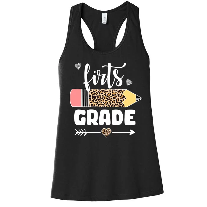 First Grade Leopard Pencil 1st Grader Students Teachers Women's Racerback Tank